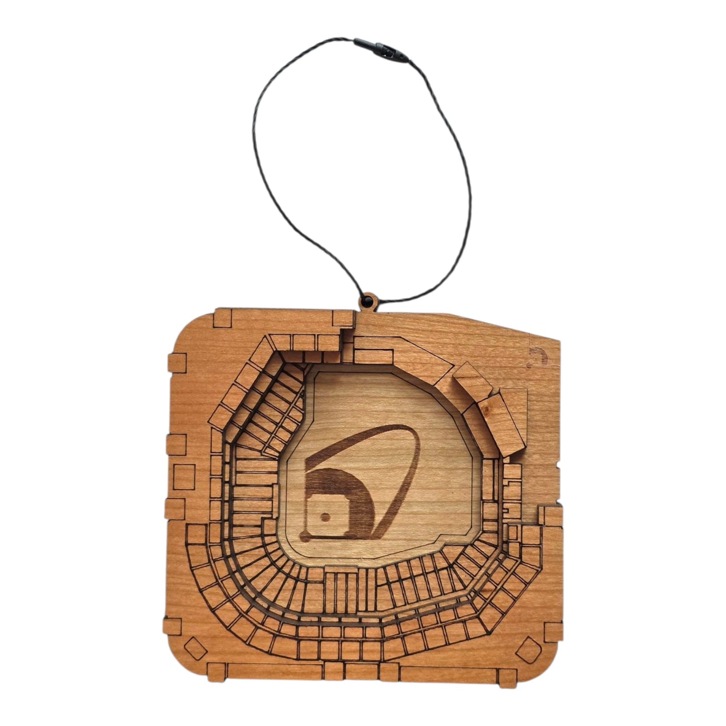Wooden Busch Stadium ornament showing laser cut baseball stadium layout with seating sections and field detail, MLB stadium ornament for St. Louis Cardinals fan gift or travel souvenir