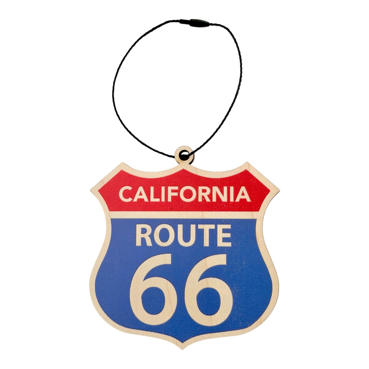 California Route 66 shield wood ornament with classic red white and blue highway sign design and black hanging cord, laser cut Route 66 travel souvenir ornament
