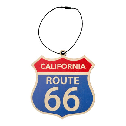 California Route 66 shield wood ornament with classic red white and blue highway sign design and black hanging cord, laser cut Route 66 travel souvenir ornament