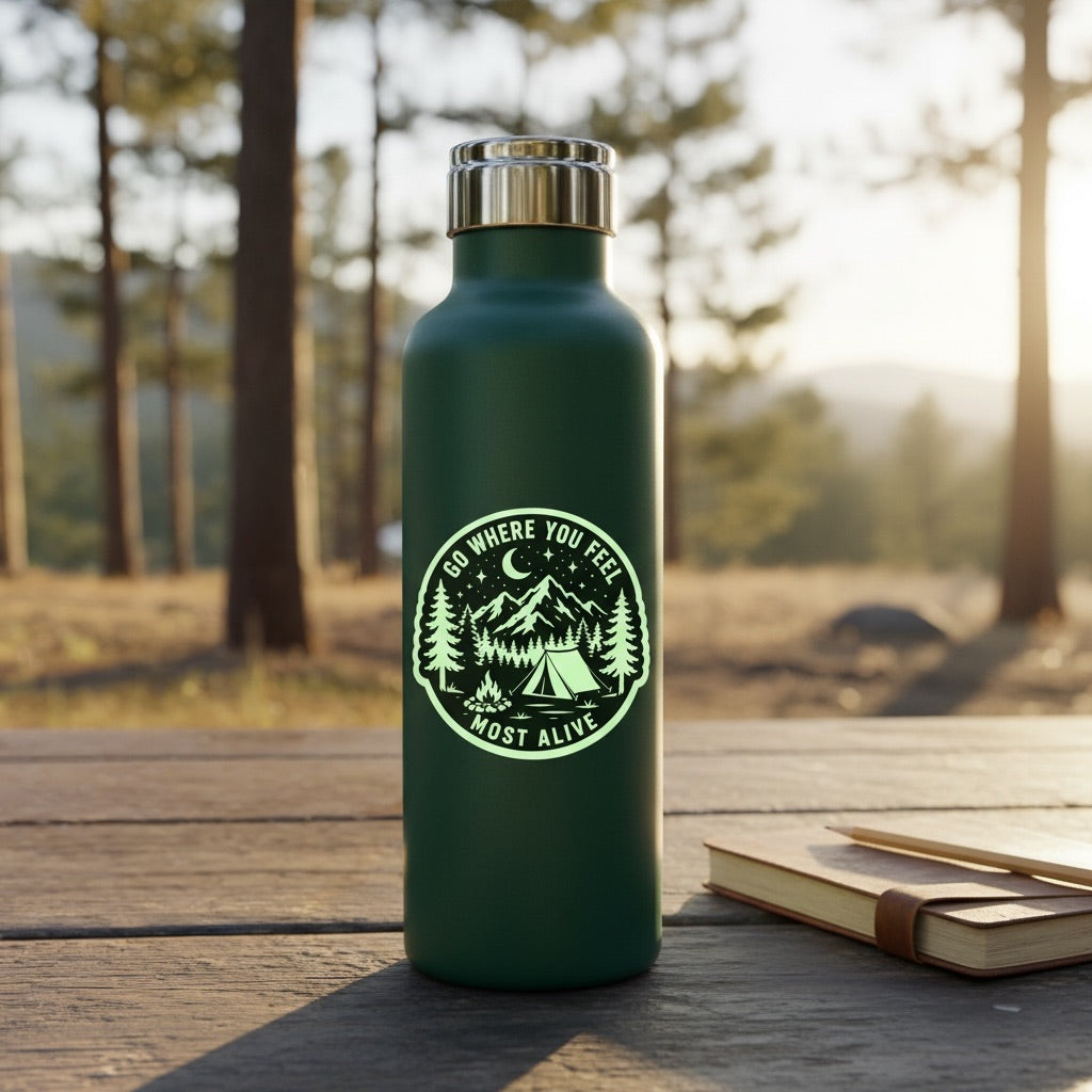 Glow in the dark mountain camping sticker applied to a green water bottle outdoors, featuring a tent, campfire, pine forest and Go Where You Feel Most Alive design