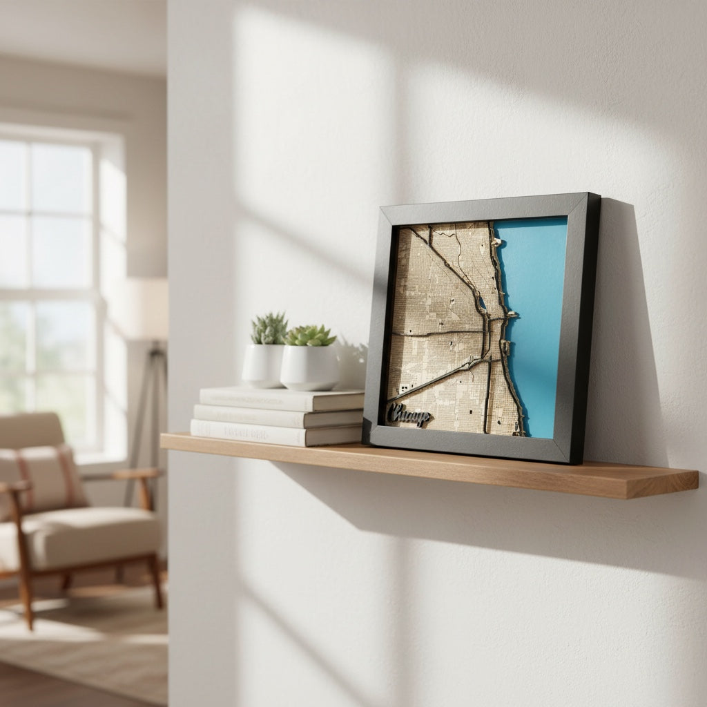 Chicago wood map wall art displayed on floating shelf in modern home setting with books and plants city decor gift idea