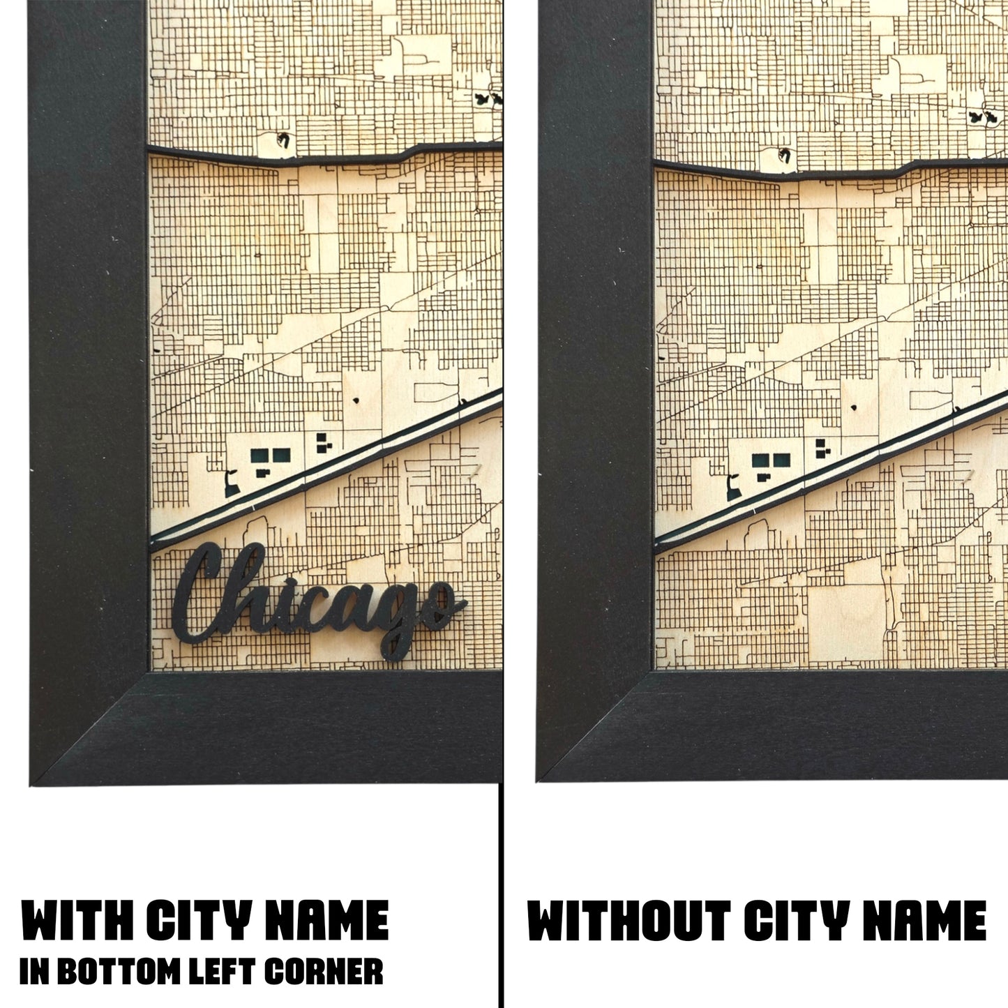 close up of Chicago wood map wall art showing engraved street grid and raised road layers with Chicago name in bottom corner framed decor piece