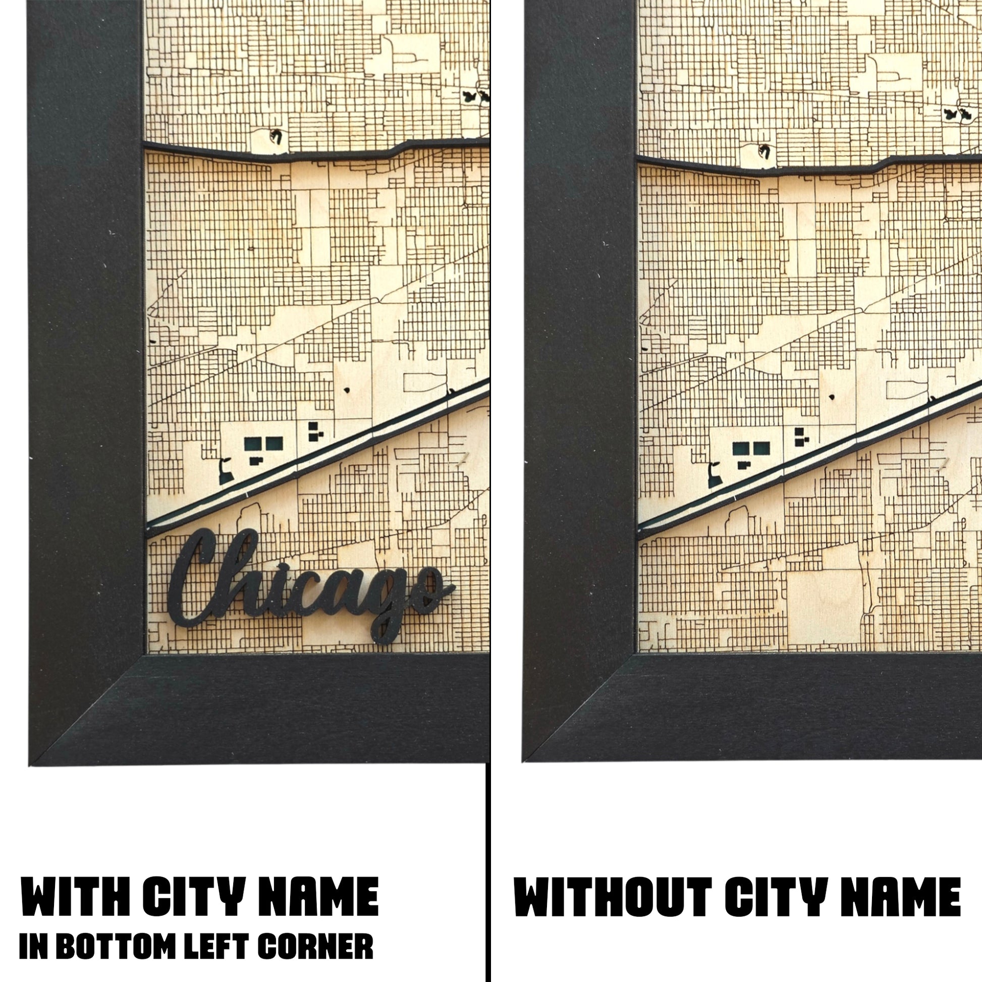 close up of Chicago wood map wall art showing engraved street grid and raised road layers with Chicago name in bottom corner framed decor piece