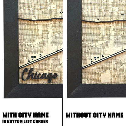 close up of Chicago wood map wall art showing engraved street grid and raised road layers with Chicago name in bottom corner framed decor piece