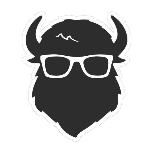 Close up of Curious Bison logo vinyl sticker showing bold bison silhouette with glasses and white outline