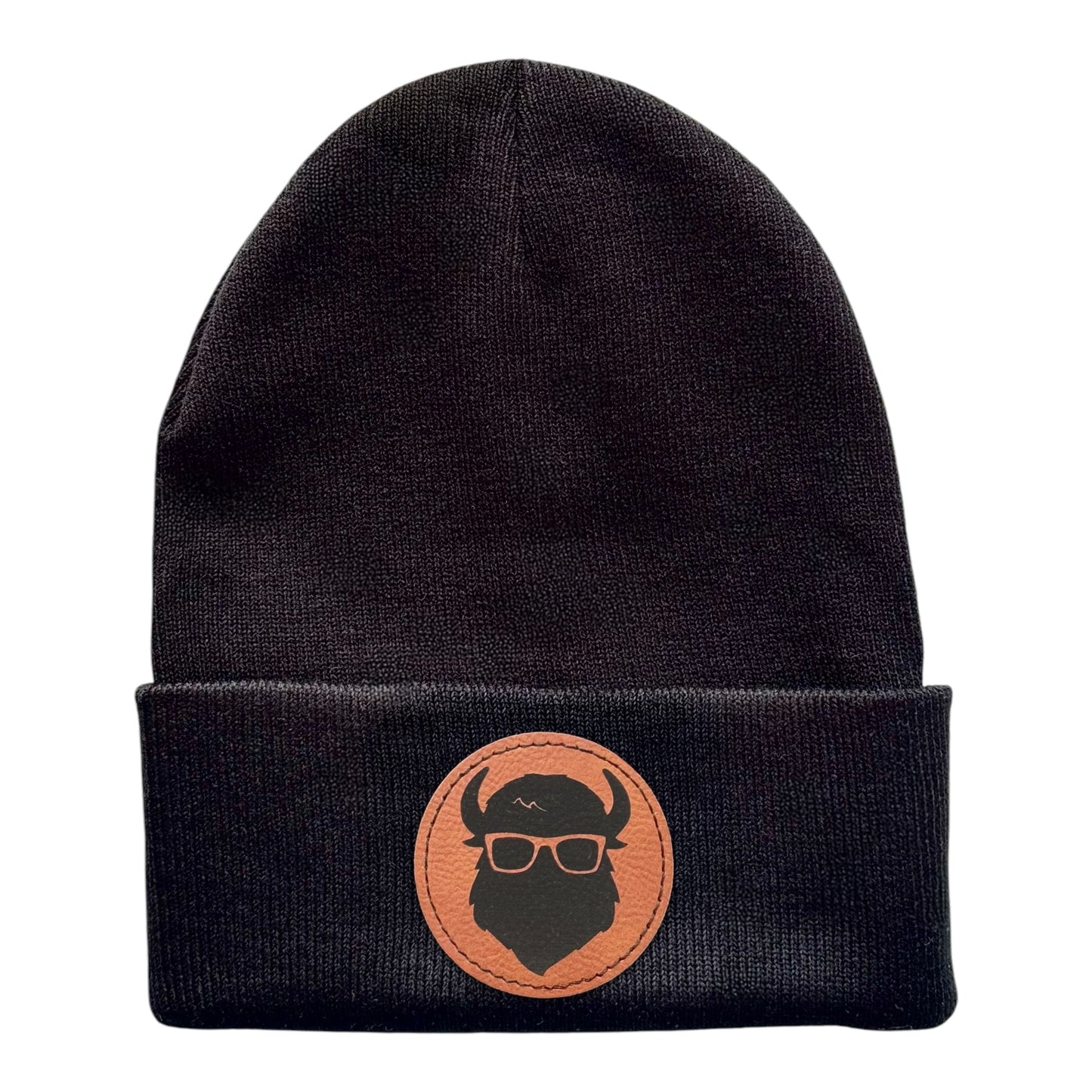 Black knit beanie with Curious Bison leatherette patch featuring bison logo, unisex winter hat for Tulsa Oklahoma souvenir or everyday wear