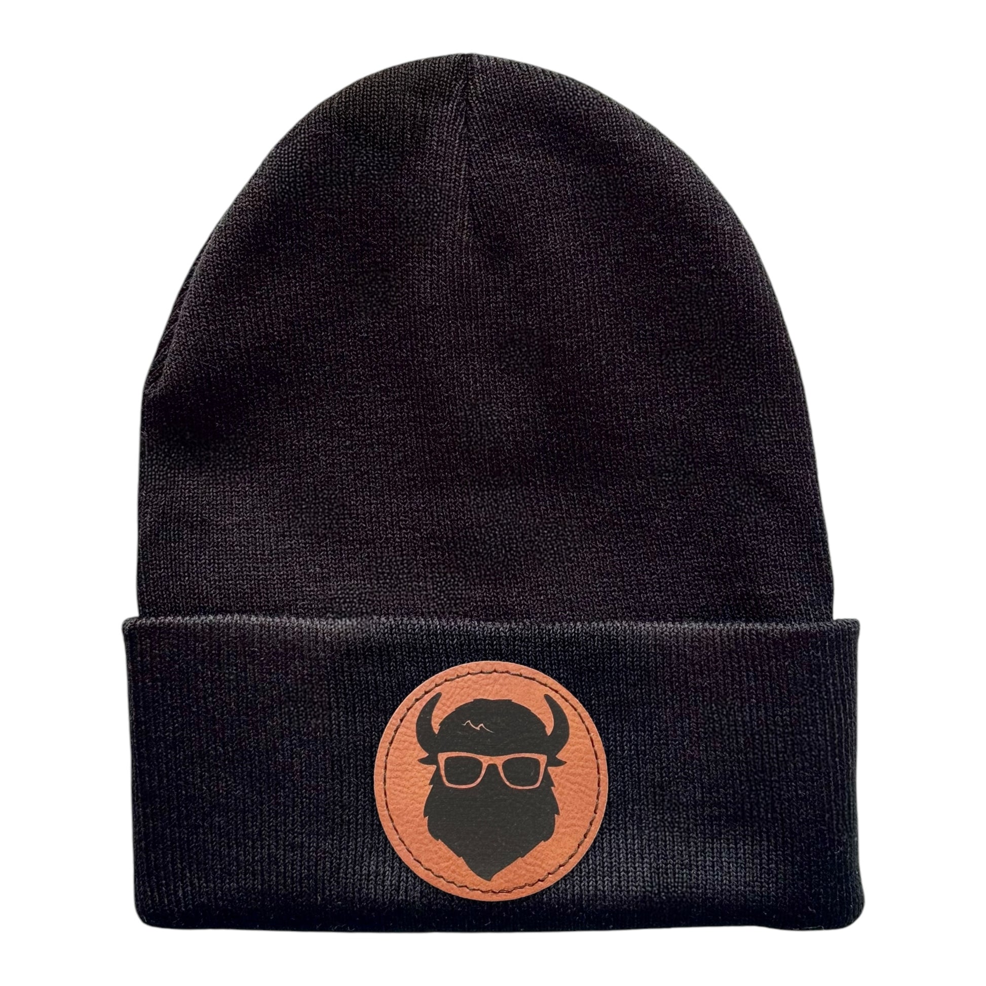 Black knit beanie with Curious Bison leatherette patch featuring bison logo, unisex winter hat for Tulsa Oklahoma souvenir or everyday wear