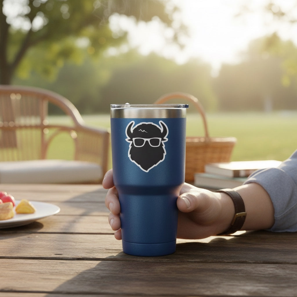 Curious Bison logo vinyl sticker displayed on blue insulated tumbler, black bison head with glasses small business sticker