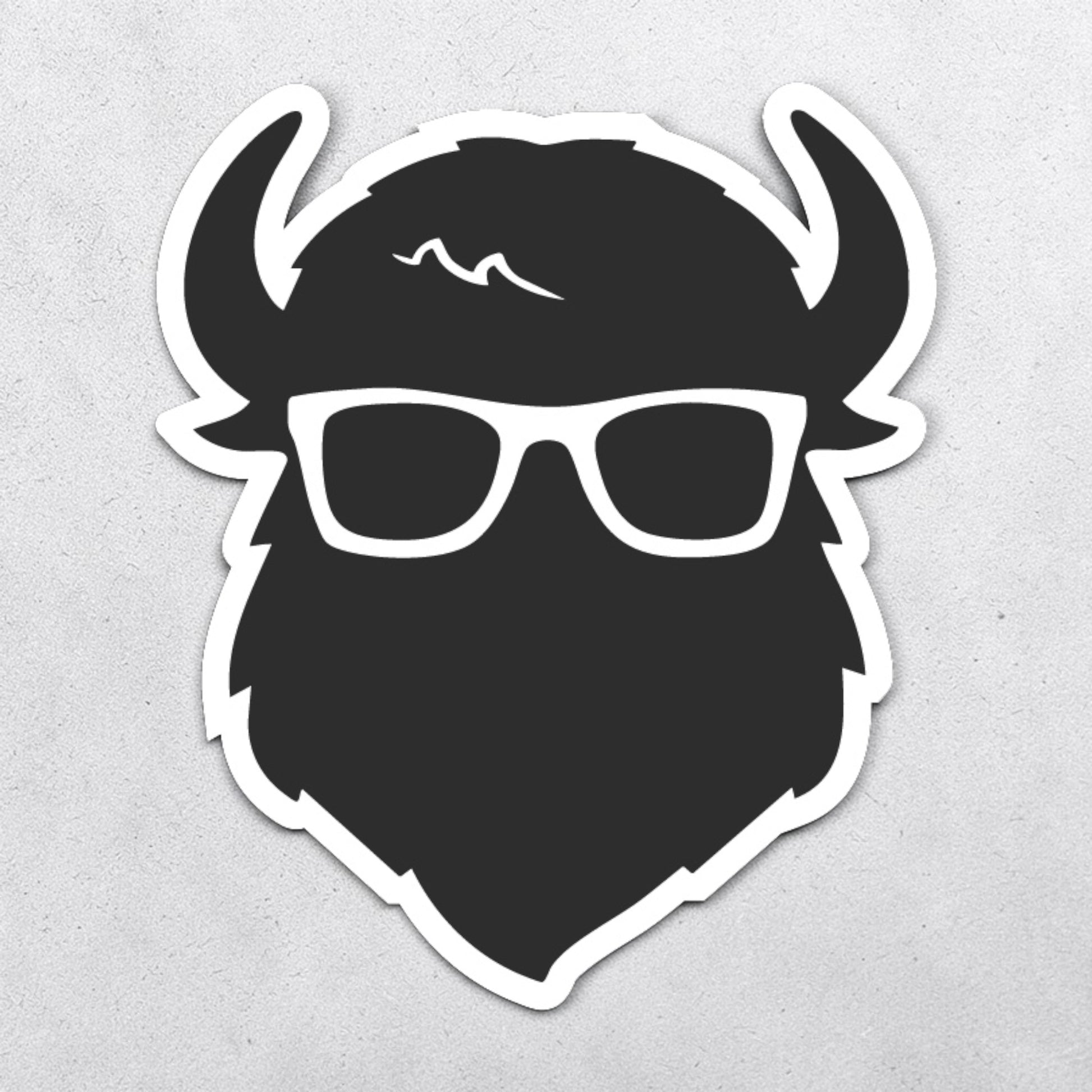 Curious Bison logo vinyl sticker featuring black bison head with glasses and white border, minimalist small business mascot decal