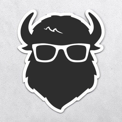 Curious Bison logo vinyl sticker featuring black bison head with glasses and white border, minimalist small business mascot decal