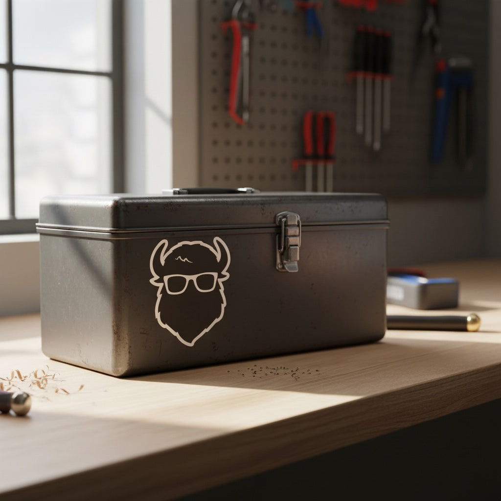 Curious Bison vinyl sticker applied to metal toolbox, black and white bison head logo decal on workshop surface