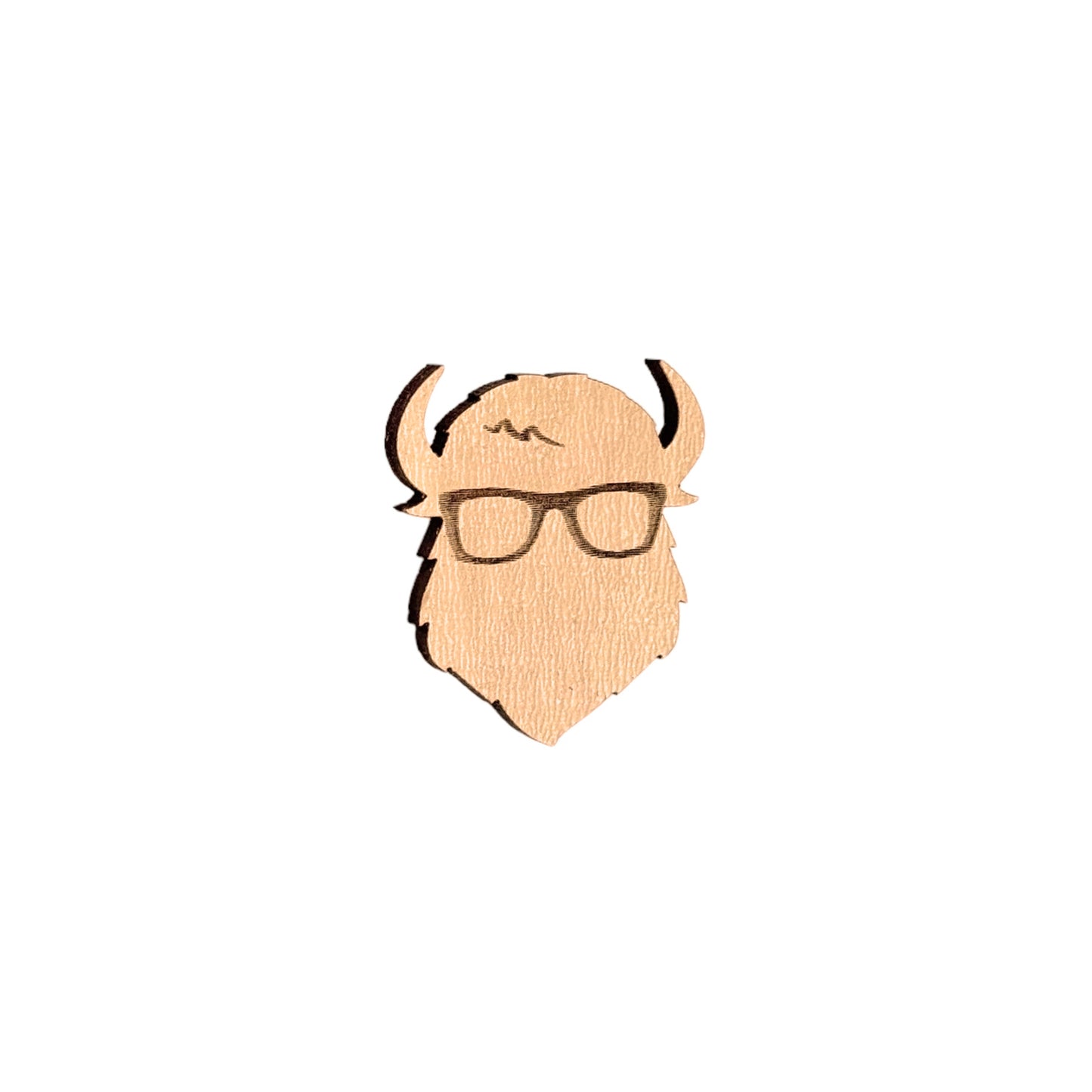 Curious Bison wooden lapel pin featuring engraved bison with glasses, laser cut wood pin designed as Oklahoma souvenir and brand merch