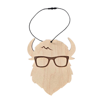 Curious Bison wooden ornament shaped like a bison head logo with engraved glasses detail and hanging cord, natural wood Christmas ornament gift from Tulsa Oklahoma