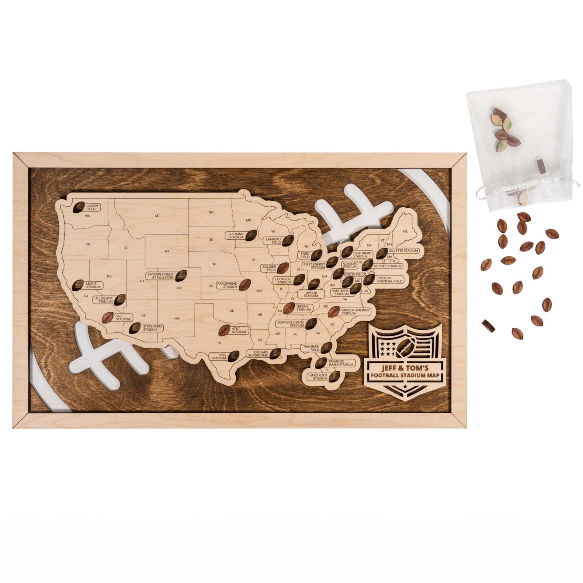 Customizable wooden football stadium tracker with a personalized badge and wooden football markers.