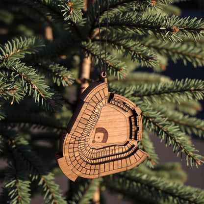Angled view of Dodger Stadium wooden ornament hanging from black cord, laser cut baseball stadium ornament for sports fan gift