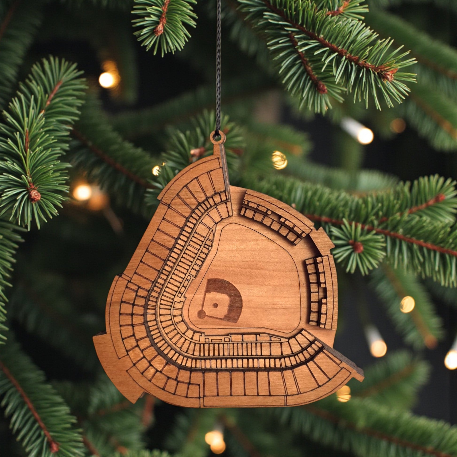 Dodger Stadium wooden ornament hanging on evergreen tree with lights, laser cut MLB stadium ornament used as baseball Christmas decor