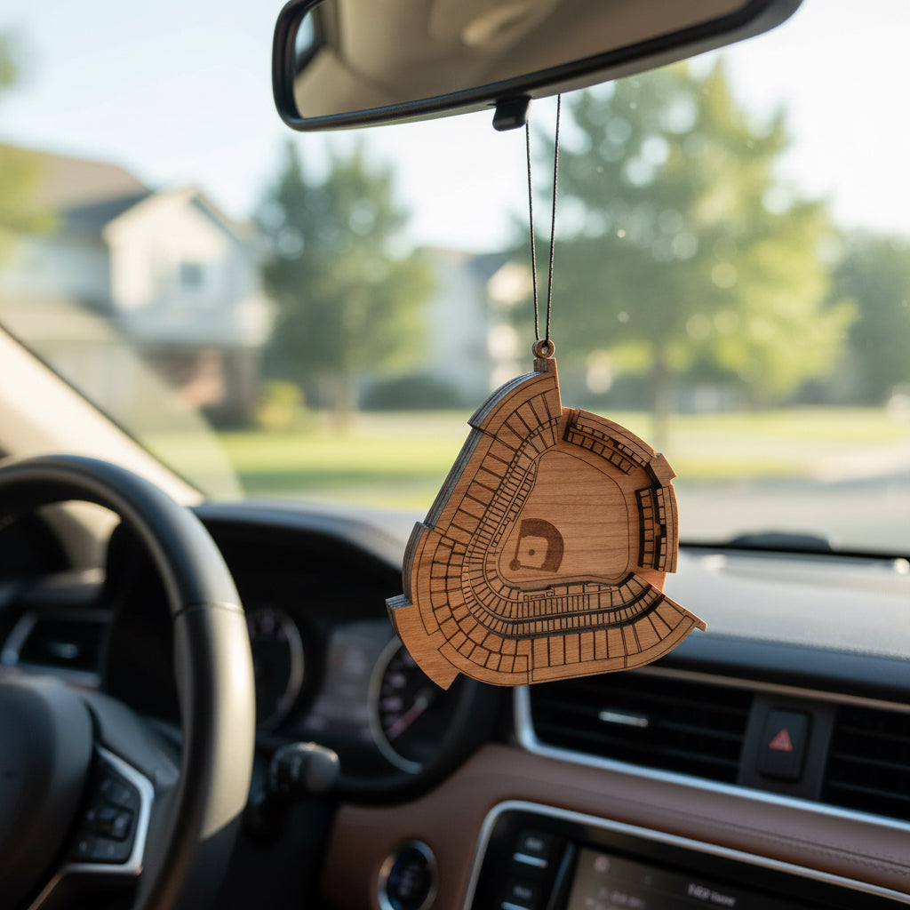 Wooden Dodger Stadium car ornament hanging from rearview mirror, detailed top view baseball stadium design with engraved field and seating layout, layered wood auto accessory gift for Los Angeles baseball fans, road trip travelers, and USA stadium souvenir collectors