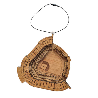 Wooden Dodger Stadium ornament showing laser cut baseball stadium layout with seating sections and field detail, MLB stadium ornament for Los Angeles Dodgers fan gift or travel souvenir