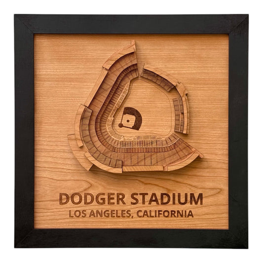 Framed Dodger Stadium wooden wall art showing layered overhead stadium layout with engraved seating and field details, Los Angeles baseball decor