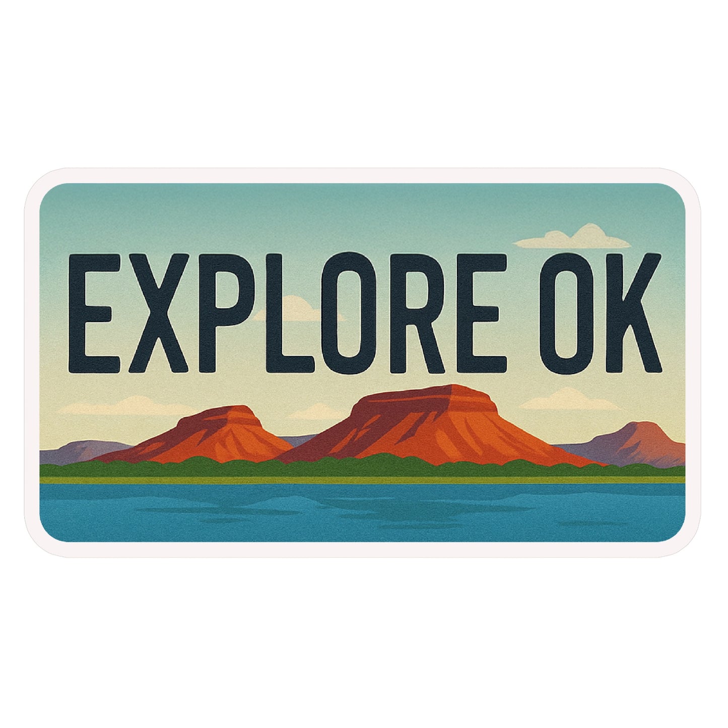 Explore OK license plate vinyl sticker featuring bold lettering over red rock landscape and blue water scene, Oklahoma travel souvenir decal with white border