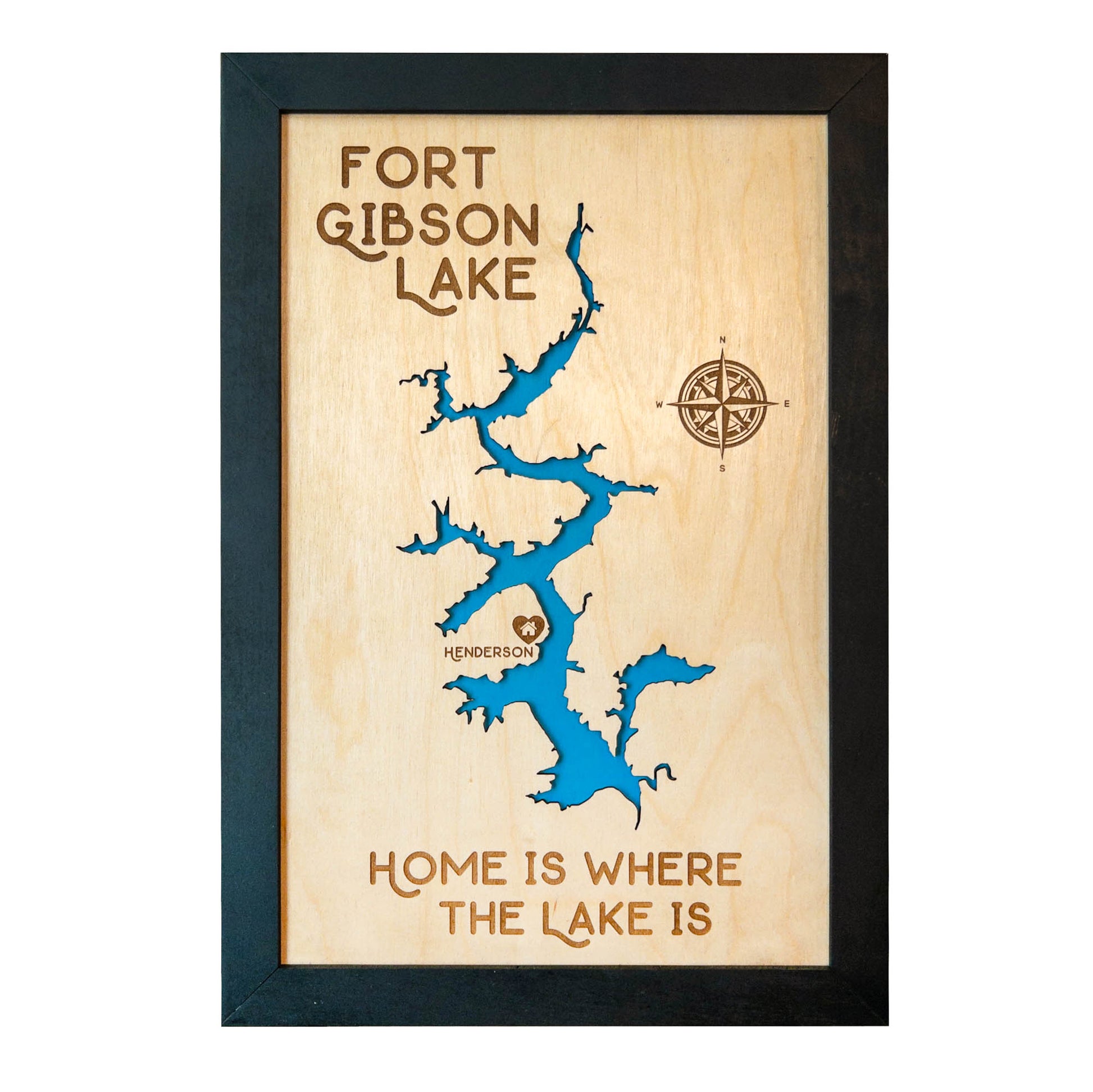 Flat lay of framed Fort Gibson Lake wooden map on a wood surface