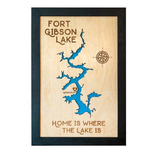 Flat lay of framed Fort Gibson Lake wooden map on a wood surface
