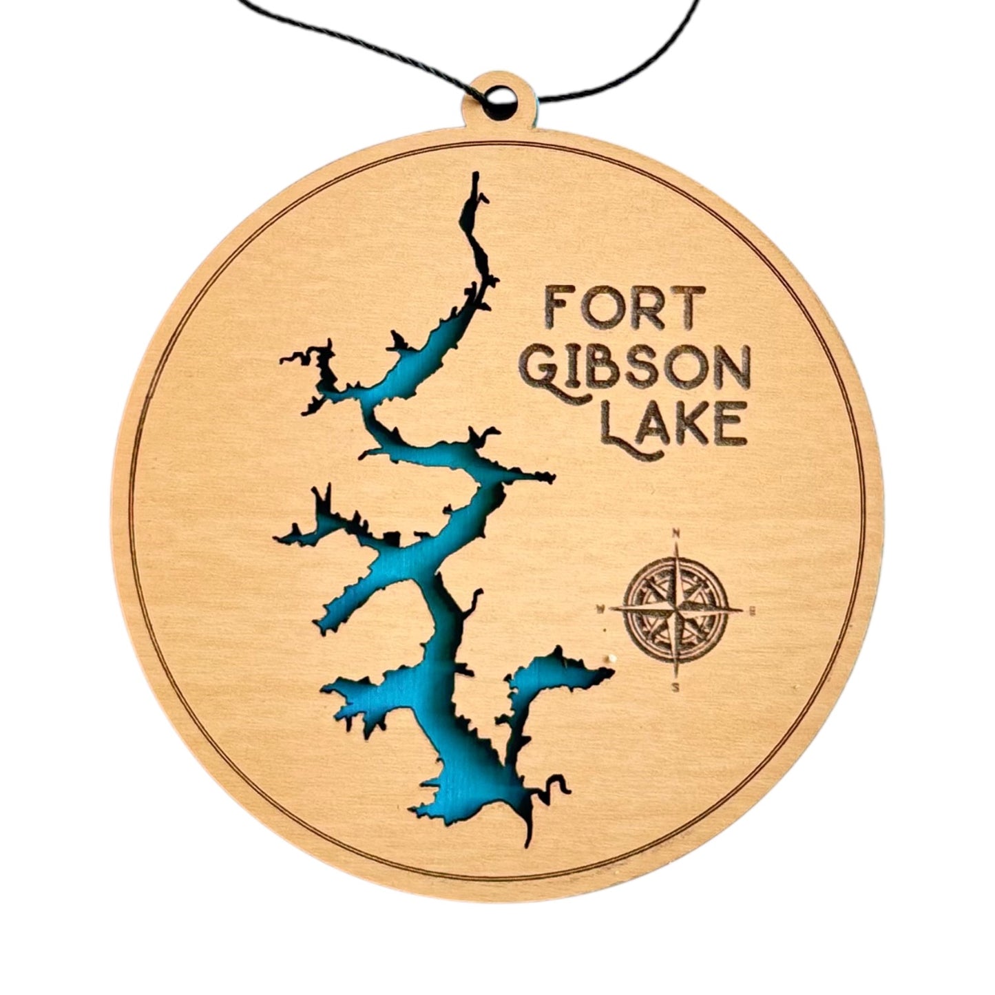 Fort Gibson Lake wooden ornament with layered lake map design, round laser cut wood ornament showing blue painted water layer beneath engraved wood top, Oklahoma lake souvenir gift