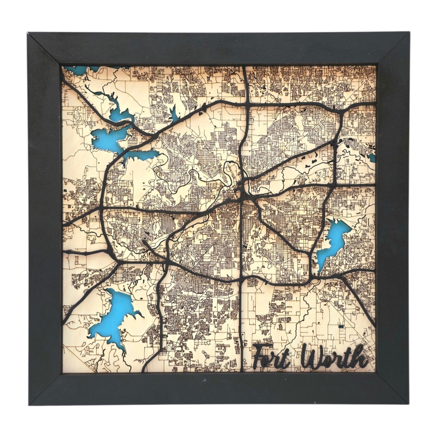 Fort Worth wood map wall art with city name in bottom corner showing detailed street layout and layered wood design in black frame