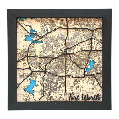 Fort Worth wood map wall art with city name in bottom corner showing detailed street layout and layered wood design in black frame