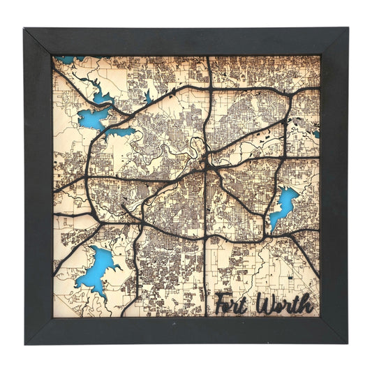 Fort Worth wood map wall art with city name in bottom corner showing detailed street layout and layered wood design in black frame