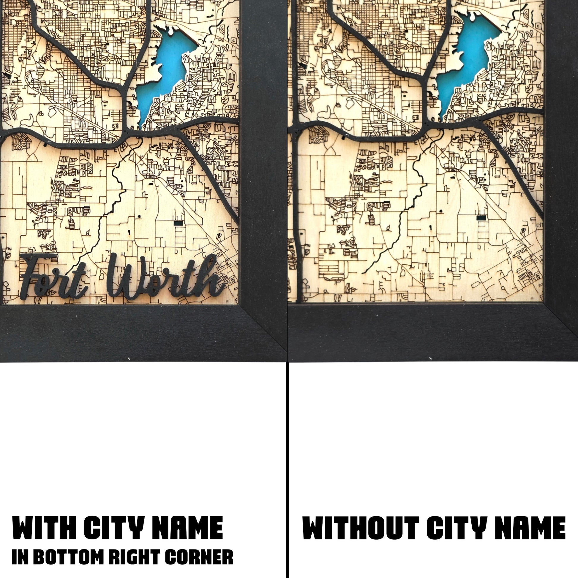 comparison of Fort Worth wood map wall art with and without city name showing bottom corner detail options in framed design