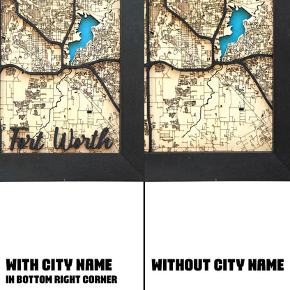 comparison of Fort Worth wood map wall art with and without city name showing bottom corner detail options in framed design