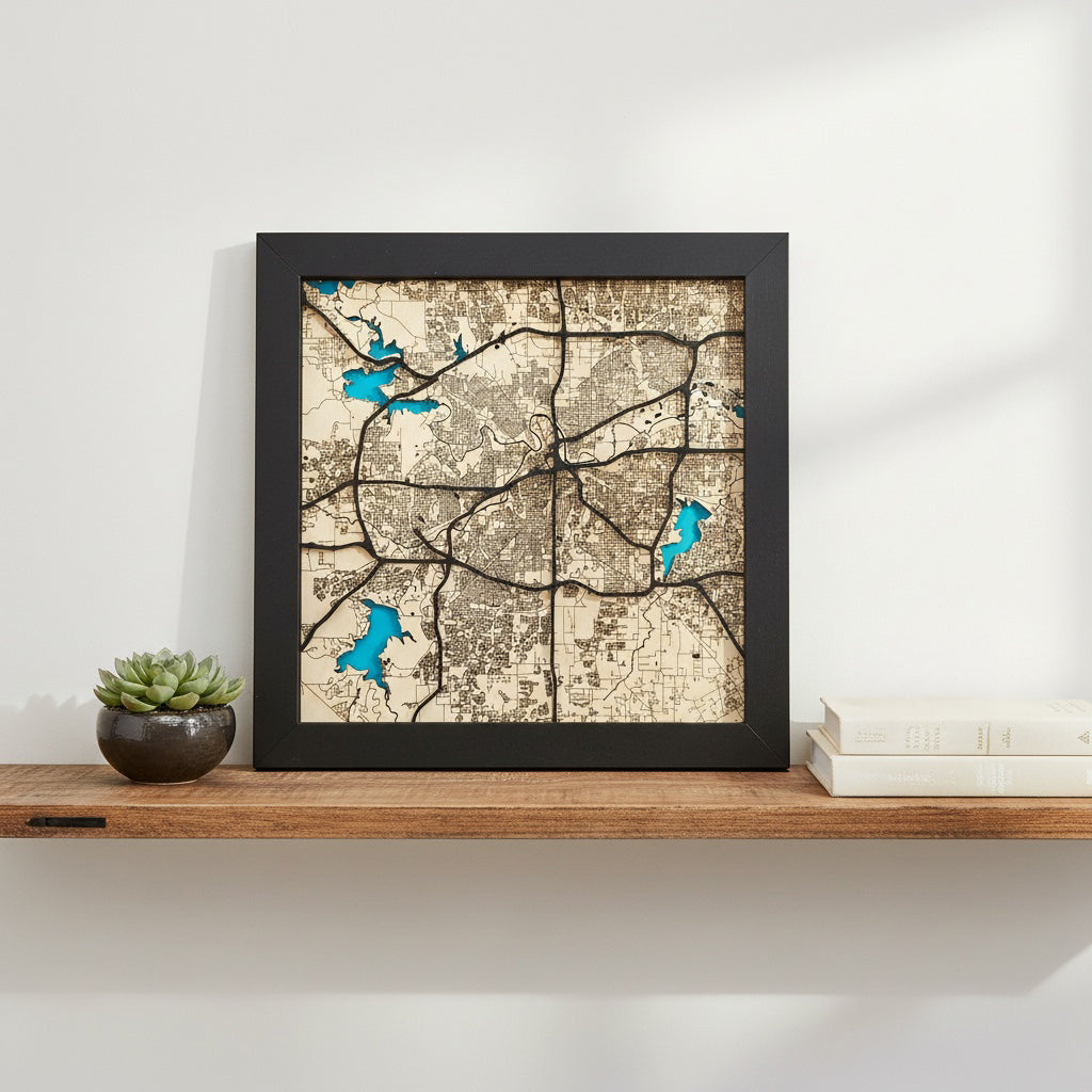 framed Fort Worth Texas wood map wall art on minimal shelf with decor items showing layered depth and blue water contrast
