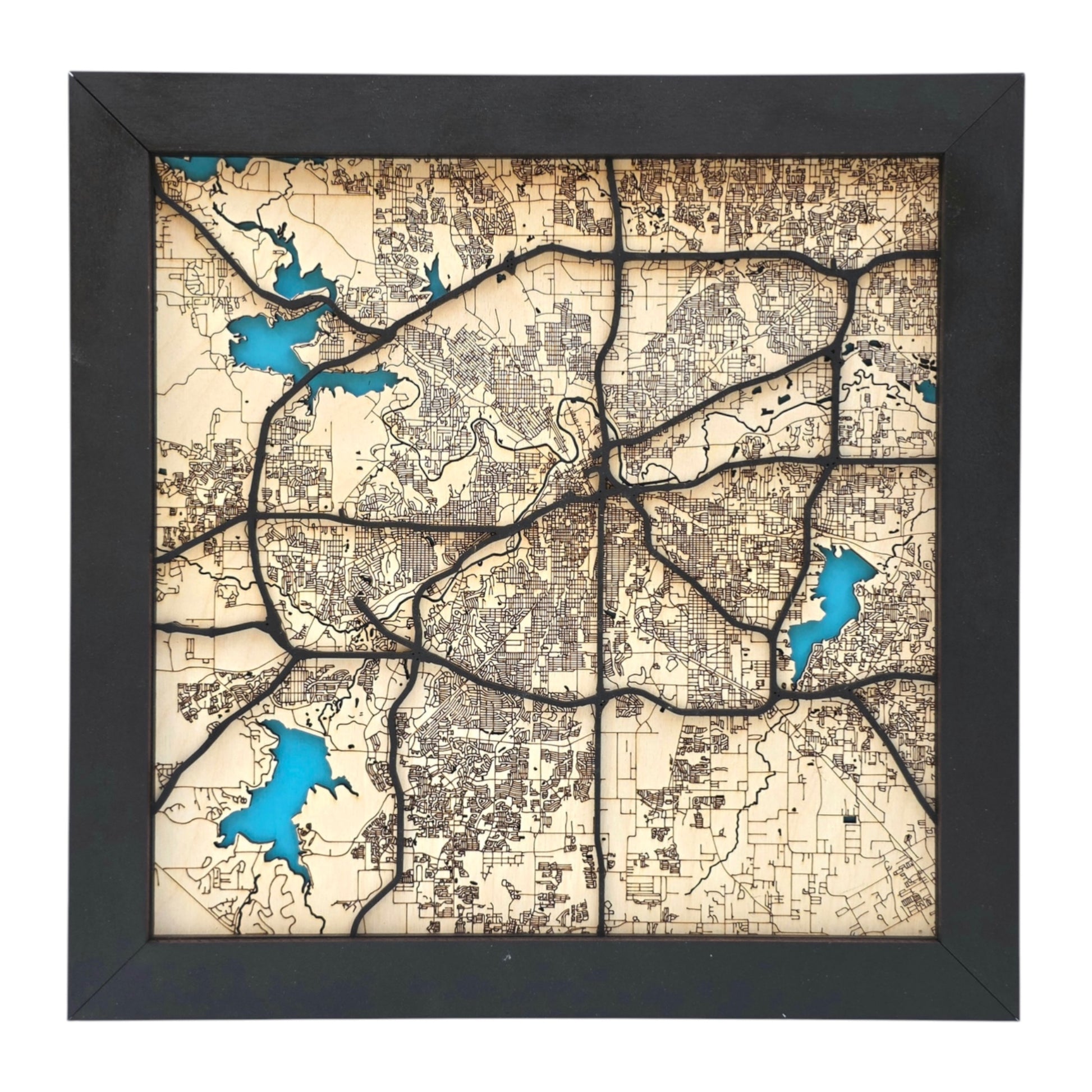 Fort Worth Texas wood map wall art framed with engraved street grid and raised road layers with blue water features city decor