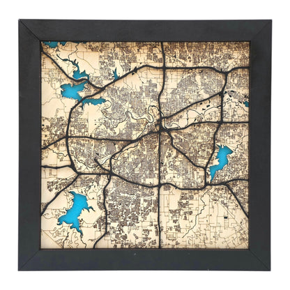 Fort Worth Texas wood map wall art framed with engraved street grid and raised road layers with blue water features city decor