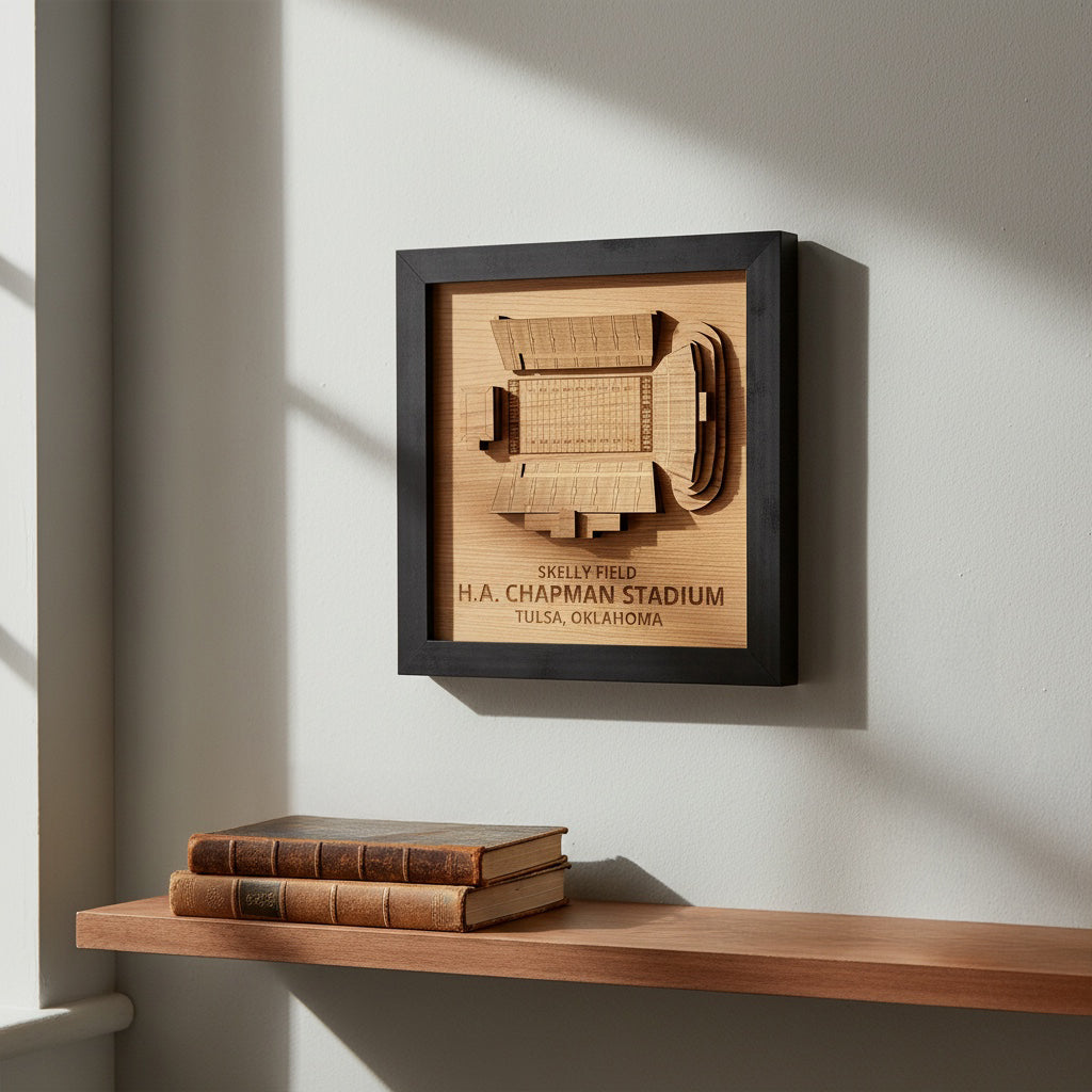 Framed Skelly Field H.A. Chapman Stadium layered wood wall art displayed on shelf in modern home interior as Tulsa Oklahoma sports decor and college football fan gift