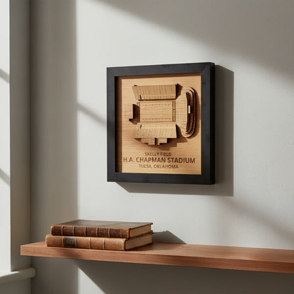 Framed Skelly Field H.A. Chapman Stadium layered wood wall art displayed on shelf in modern home interior as Tulsa Oklahoma sports decor and college football fan gift