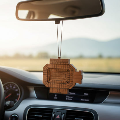 Wooden Gaylord Family Memorial Stadium car ornament hanging from rearview mirror, detailed top view football stadium design with layered wood construction, lightweight auto accessory gift for Oklahoma Sooners fans, college football travelers, and USA stadium souvenir collectors
