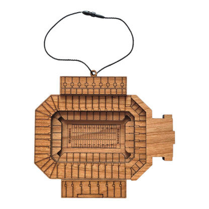 Wooden Gaylord Family Memorial Stadium ornament showing laser cut football stadium layout with seating sections and field markings, OU football stadium ornament for Oklahoma Sooners fan gift or Norman travel souvenir