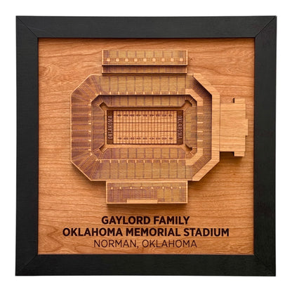 Framed wooden wall art showing a top down view of Gaylord Family Oklahoma Memorial Stadium with engraved stadium name