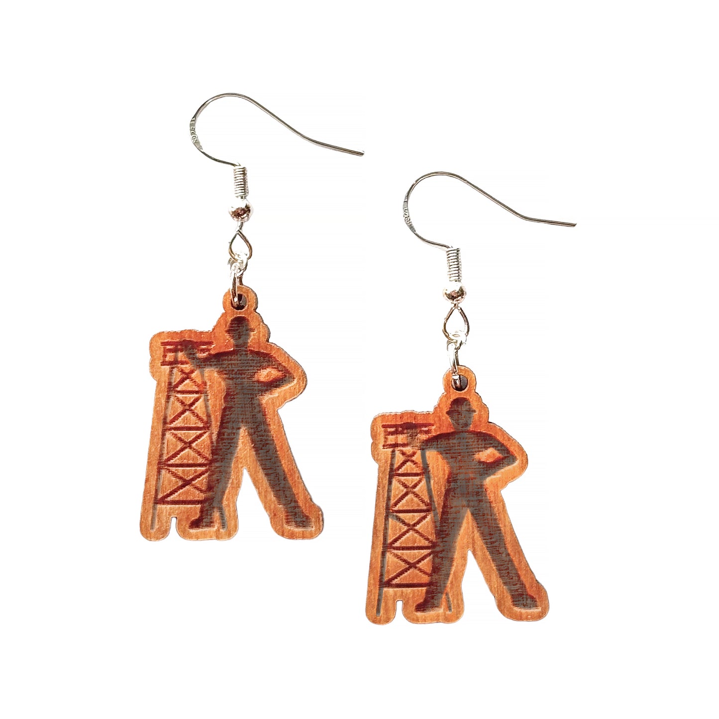 Pair of Golden Driller wooden earrings isolated on white background, laser cut wood Tulsa icon earrings with hypoallergenic silver tone hooks