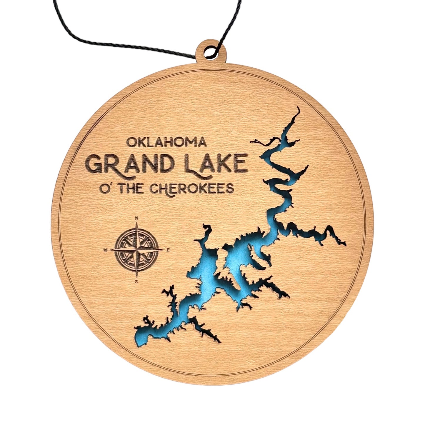 Grand Lake Oklahoma wooden ornament with layered map design, laser cut prefinished wood top layer and blue painted water layer on white background