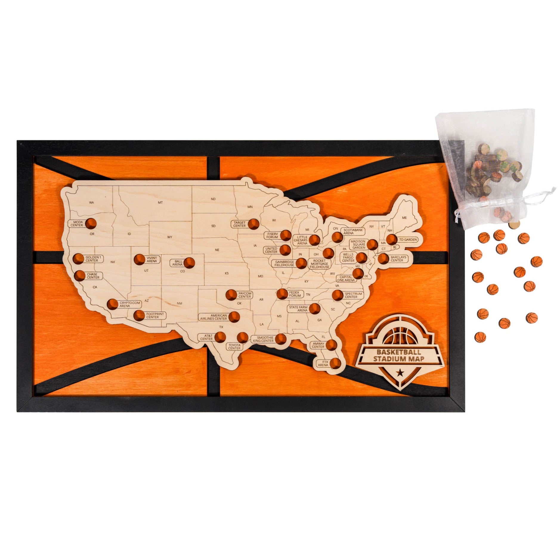 Engraved USA basketball stadium map for tracking visits to professional arenas, with markers included