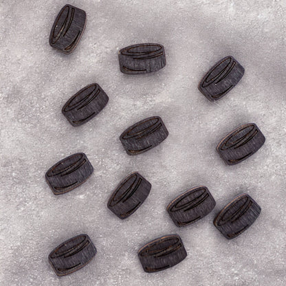 Wooden hockey puck markers used with hockey stadium map travel tracker, laser cut wood pucks for marking arena visits