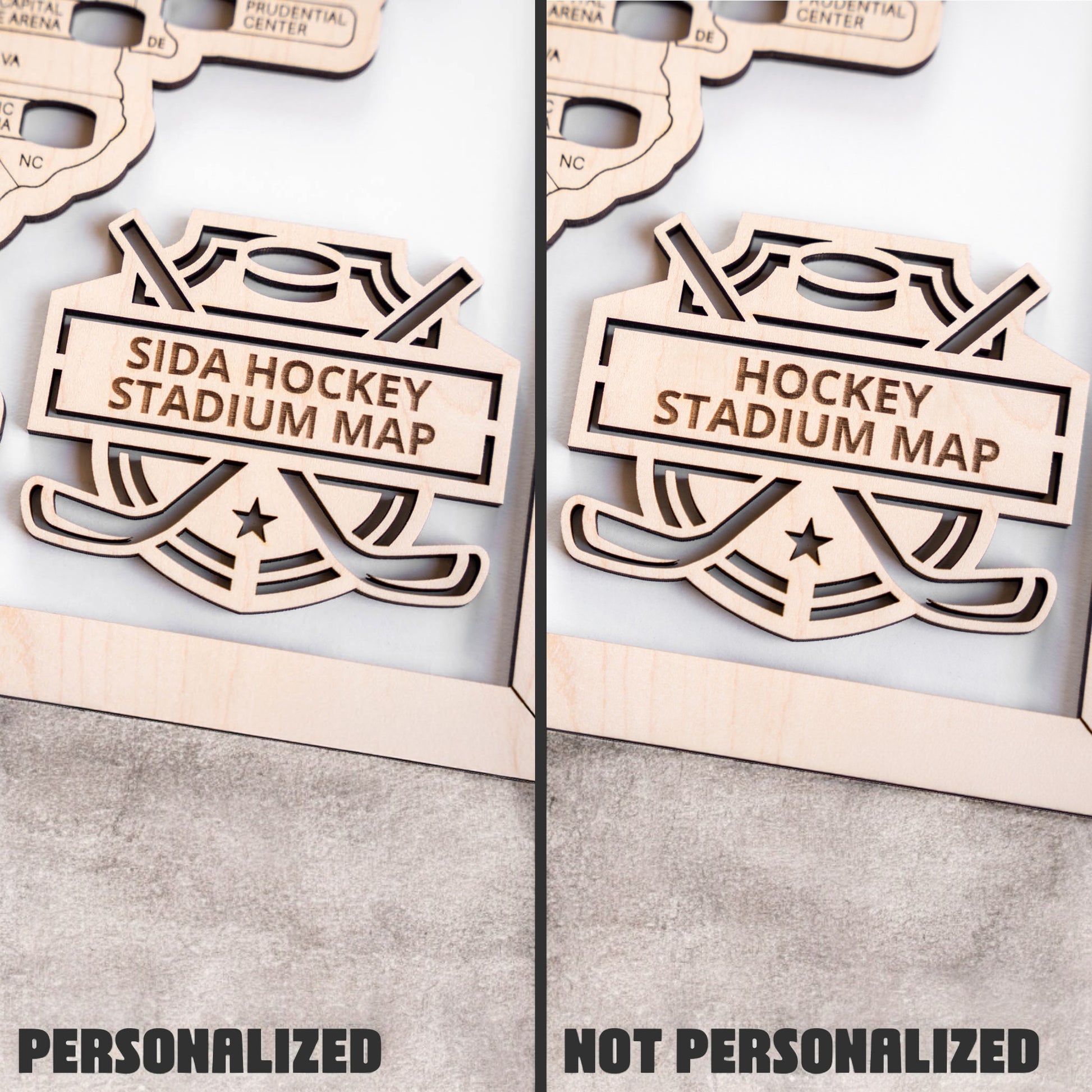 Comparison of personalized and non personalized hockey stadium map showing custom name plate option on wooden USA hockey arena map