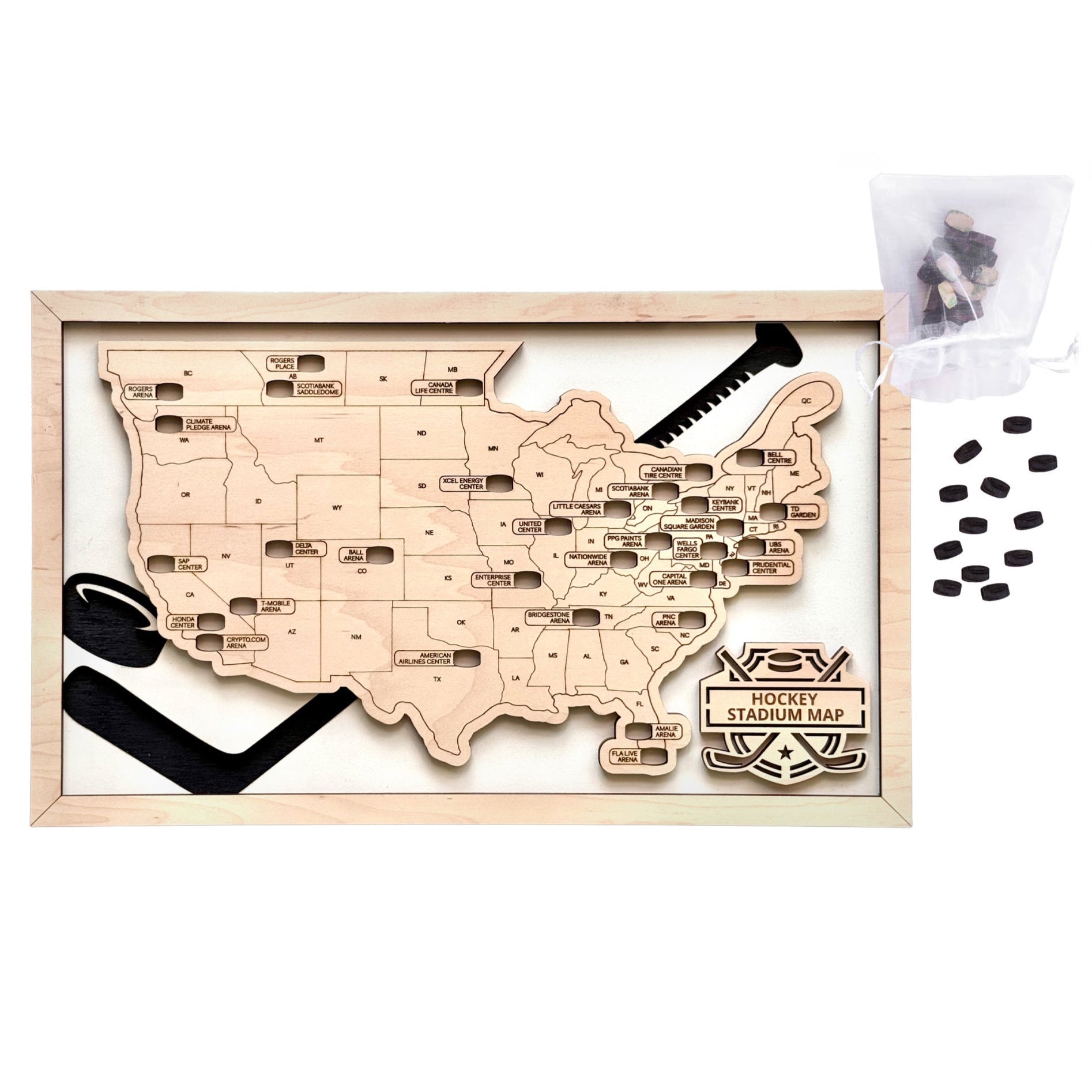 Hockey stadium map wooden travel tracker showing framed USA map with NHL arena locations and hockey themed design for sports wall decor
