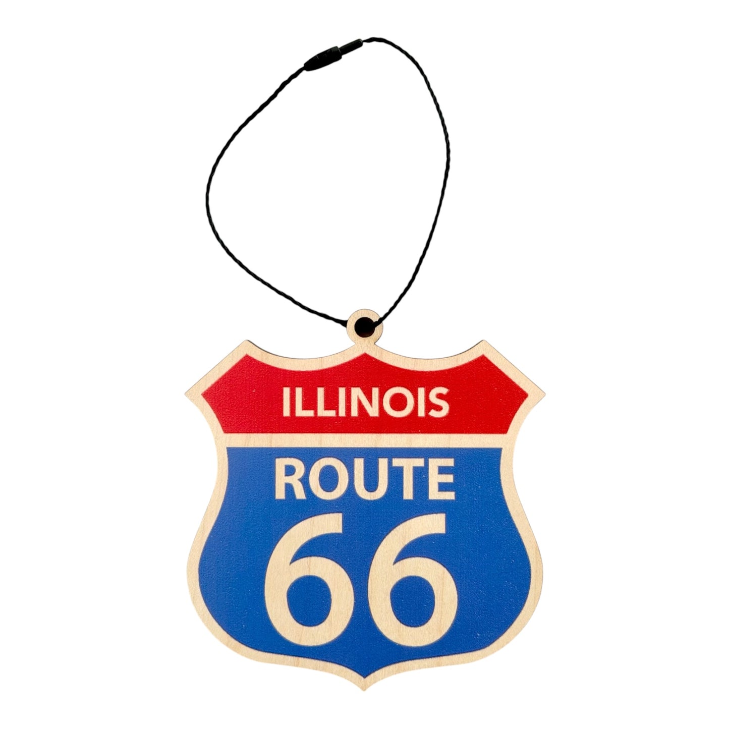 Illinois Route 66 shield wood ornament with vintage red white and blue highway sign design and black hanging cord, laser cut Route 66 travel souvenir ornament