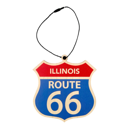 Illinois Route 66 shield wood ornament with vintage red white and blue highway sign design and black hanging cord, laser cut Route 66 travel souvenir ornament