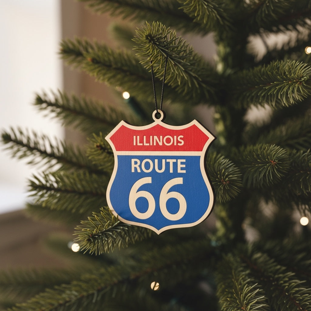 Illinois Route 66 wooden ornament hanging on a Christmas tree with warm lights, vintage highway sign holiday ornament for Route 66 travelers and souvenir collectors