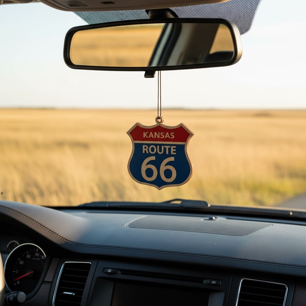 Kansas Route 66 shield wood ornament hanging from a car rearview mirror overlooking open prairie landscape, Americana road trip decor inspired by historic Route 66 travel